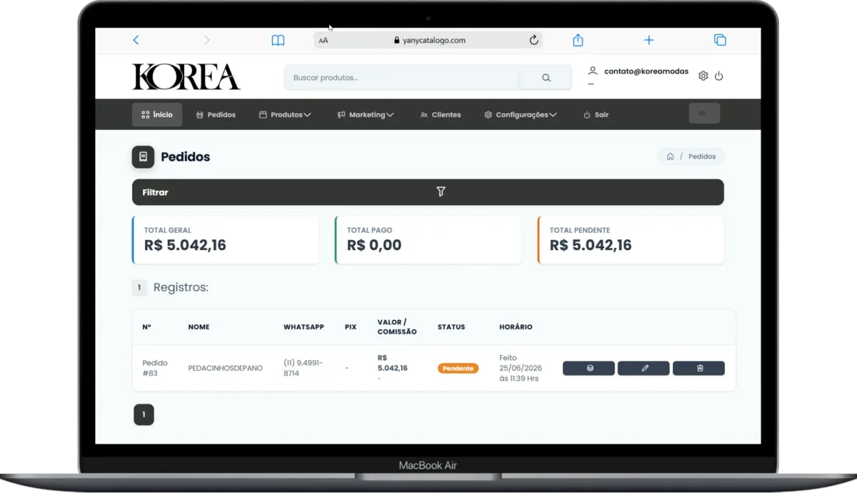 Dashboard Colmy Catálogo mostrando relatório de pedidos